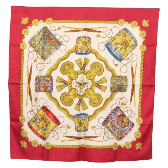 HERMES Carre 90 Scarf LES TAMBOURS Silk Red - Picture 1 of 9